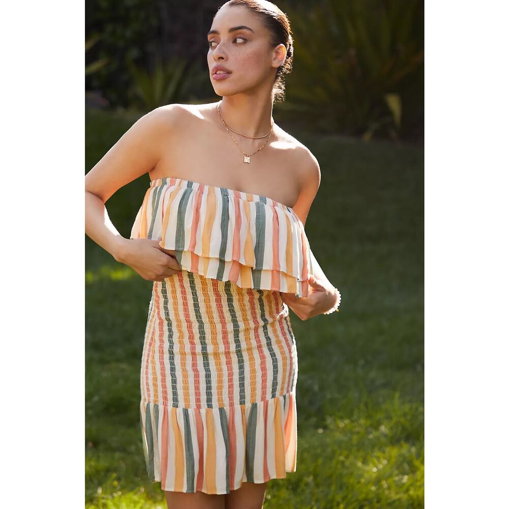 By Anthropologie Strapless Smocked Dress Striped L
